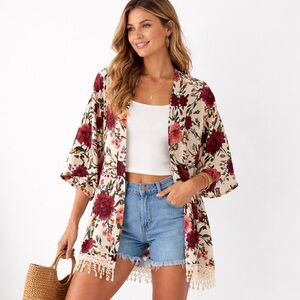 Swimwear Cover-Up Floral Open Front Cardigan One Size
